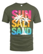 Sun Salt Sand Retro Tropical Beach Sunset Graphic Tee Tshirt - military green t-shirt on white background