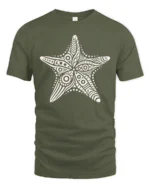 Boho Starfish Ocean Mandala Beach Aesthetic Graphic Tee Tshirt - military green t-shirt on white background