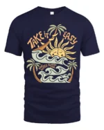 Take It Easy Retro Surf Beach Sunset Graphic Tee Tshirt - navy t-shirt on white background