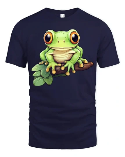 Cute Tree Frog Cartoon Nature Wildlife Graphic Tee Tshirt - navy t-shirt on white background