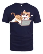 Funny Lazy Cat Working From Home Cartoon Graphic Tee Tshirt - navy t-shirt on white background