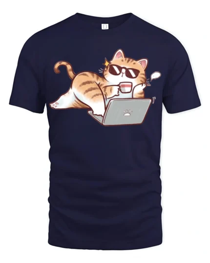 Funny Lazy Cat Working From Home Cartoon Graphic Tee Tshirt - navy t-shirt on white background
