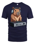 Funny DJ Capybara Music Lover Animal Graphic Tee Tshirt - navy t-shirt on white background