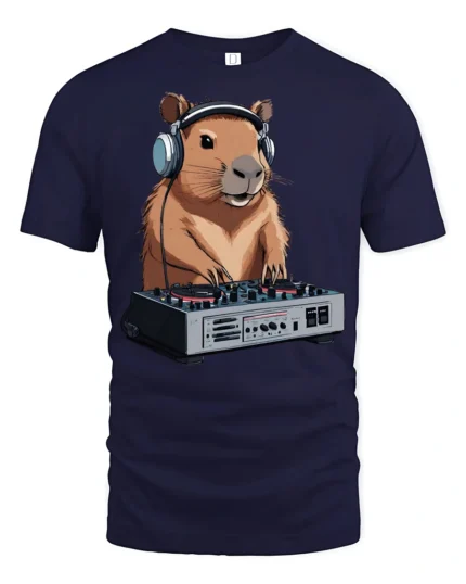 Funny DJ Capybara Music Lover Animal Graphic Tee Tshirt - navy t-shirt on white background