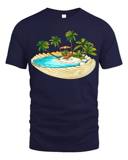 Tropical Island Shell Beach Vacation Aesthetic Graphic Tee Tshirt - navy t-shirt on white background