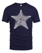 Boho Starfish Ocean Mandala Beach Aesthetic Graphic Tee Tshirt - navy t-shirt on white background
