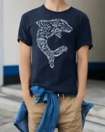 Artistic Dolphin Ocean Mandala Graphic Tee Coastal Style Tshirt - model wearing navy tee with hands in pockets