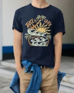 Take It Easy Retro Surf Beach Sunset Graphic Tee Tshirt - model wearing navy tee with hands in pockets