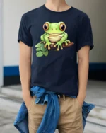 Cute Tree Frog Cartoon Nature Wildlife Graphic Tee Tshirt - model wearing navy tee with hands in pockets