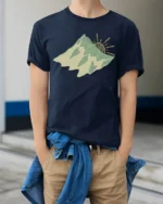 Abstract Mountain Sun Landscape Artistic Nature Graphic Tee Tshirt - model wearing navy tee with hands in pockets