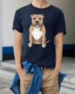 Cute Pit Bull Dog Lover Cartoon Pet Graphic Tee Tshirt Style - model wearing navy tee with hands in pockets