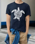 Tribal Sea Turtle Ocean Animal Symbol Graphic Tee Tshirt - model wearing navy tee with hands in pockets