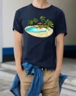 Tropical Island Shell Beach Vacation Aesthetic Graphic Tee Tshirt - model wearing navy tee with hands in pockets
