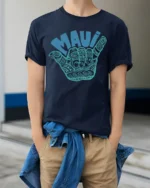 Maui Shaka Hand Hawaiian Surf Culture Graphic Tee Tshirt - model wearing navy tee with hands in pockets