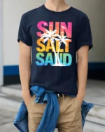 Sun Salt Sand Retro Tropical Beach Sunset Graphic Tee Tshirt - model wearing navy tee with hands in pockets