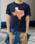 Vintage Texas Desert Landscape Western Style Graphic Tee Tshirt - model wearing navy tee with hands in pockets