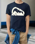 Carabiner Mountain Adventure Outdoor Hiking Graphic Tee Tshirt - model wearing navy tee with hands in pockets
