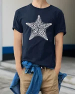 Boho Starfish Ocean Mandala Beach Aesthetic Graphic Tee Tshirt - model wearing navy tee with hands in pockets