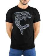 Artistic Dolphin Ocean Mandala Graphic Tee Coastal Style Tshirt - model wearing black tee with hands behind back