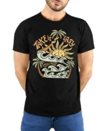 Take It Easy Retro Surf Beach Sunset Graphic Tee Tshirt - model wearing black tee with hands behind back
