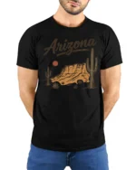 Arizona Desert Sunset Vintage Western Landscape Graphic Tee Tshirt - model wearing black tee with hands behind back