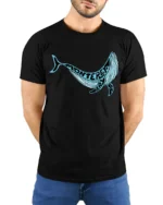 Monterey Bay Whale Ocean Coastal Travel Graphic Tee Tshirt - model wearing black tee with hands behind back