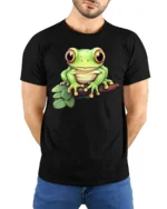 Cute Tree Frog Cartoon Nature Wildlife Graphic Tee Tshirt - model wearing black tee with hands behind back