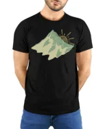 Abstract Mountain Sun Landscape Artistic Nature Graphic Tee Tshirt - model wearing black tee with hands behind back
