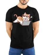 Funny Lazy Cat Working From Home Cartoon Graphic Tee Tshirt - model wearing black tee with hands behind back
