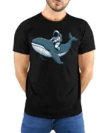 Astronaut Riding Whale Space Ocean Adventure Graphic Tee Tshirt - model wearing black tee with hands behind back