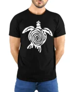 Tribal Sea Turtle Ocean Animal Symbol Graphic Tee Tshirt - model wearing black tee with hands behind back