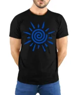 Spiral Sun Symbol Minimalist Abstract Graphic Tee Tshirt Style - model wearing black tee with hands behind back