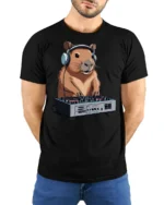 Funny DJ Capybara Music Lover Animal Graphic Tee Tshirt - model wearing black tee with hands behind back