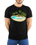 Tropical Island Shell Beach Vacation Aesthetic Graphic Tee Tshirt - model wearing black tee with hands behind back