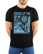 Soak Up The Sun Retro Surf Beach Vibes Graphic Tee Tshirt - model wearing black tee with hands behind back