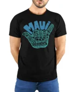 Maui Shaka Hand Hawaiian Surf Culture Graphic Tee Tshirt - model wearing black tee with hands behind back