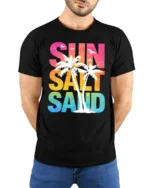 Sun Salt Sand Retro Tropical Beach Sunset Graphic Tee Tshirt - model wearing black tee with hands behind back