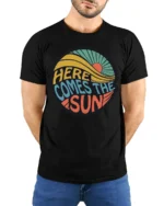 Here Comes The Sun Retro Vintage Sunshine Graphic Tee Tshirt - model wearing black tee with hands behind back