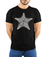 Boho Starfish Ocean Mandala Beach Aesthetic Graphic Tee Tshirt - model wearing black tee with hands behind back