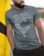 Artistic Dolphin Ocean Mandala Graphic Tee Coastal Style Tshirt - model wearing grey tee, leaning on column