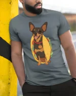 Funny Chihuahua Taco Lover Cute Food Graphic Tee Tshirt - model wearing grey tee, leaning on column