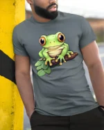 Cute Tree Frog Cartoon Nature Wildlife Graphic Tee Tshirt - model wearing grey tee, leaning on column