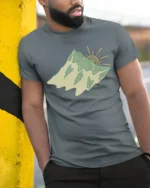 Abstract Mountain Sun Landscape Artistic Nature Graphic Tee Tshirt - model wearing grey tee, leaning on column