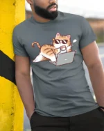 Funny Lazy Cat Working From Home Cartoon Graphic Tee Tshirt - model wearing grey tee, leaning on column