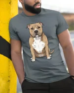 Cute Pit Bull Dog Lover Cartoon Pet Graphic Tee Tshirt Style - model wearing grey tee, leaning on column