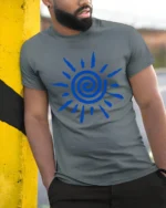 Spiral Sun Symbol Minimalist Abstract Graphic Tee Tshirt Style - model wearing grey tee, leaning on column