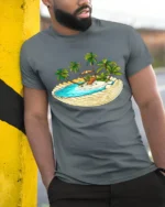 Tropical Island Shell Beach Vacation Aesthetic Graphic Tee Tshirt - model wearing grey tee, leaning on column
