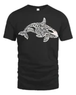 Tribal Orca Whale Ocean Graphic Tee Artistic Marine Style - black t-shirt on white background