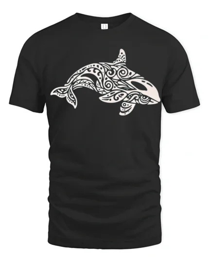 Tribal Orca Whale Ocean Graphic Tee Artistic Marine Style - black t-shirt on white background