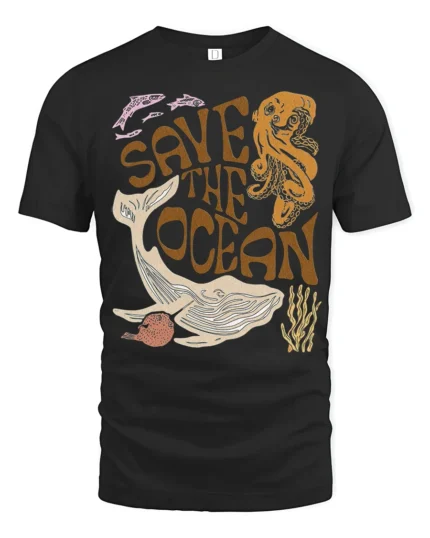 Save The Ocean Marine Life Graphic Tee Vintage Sea Style - black t-shirt on white background